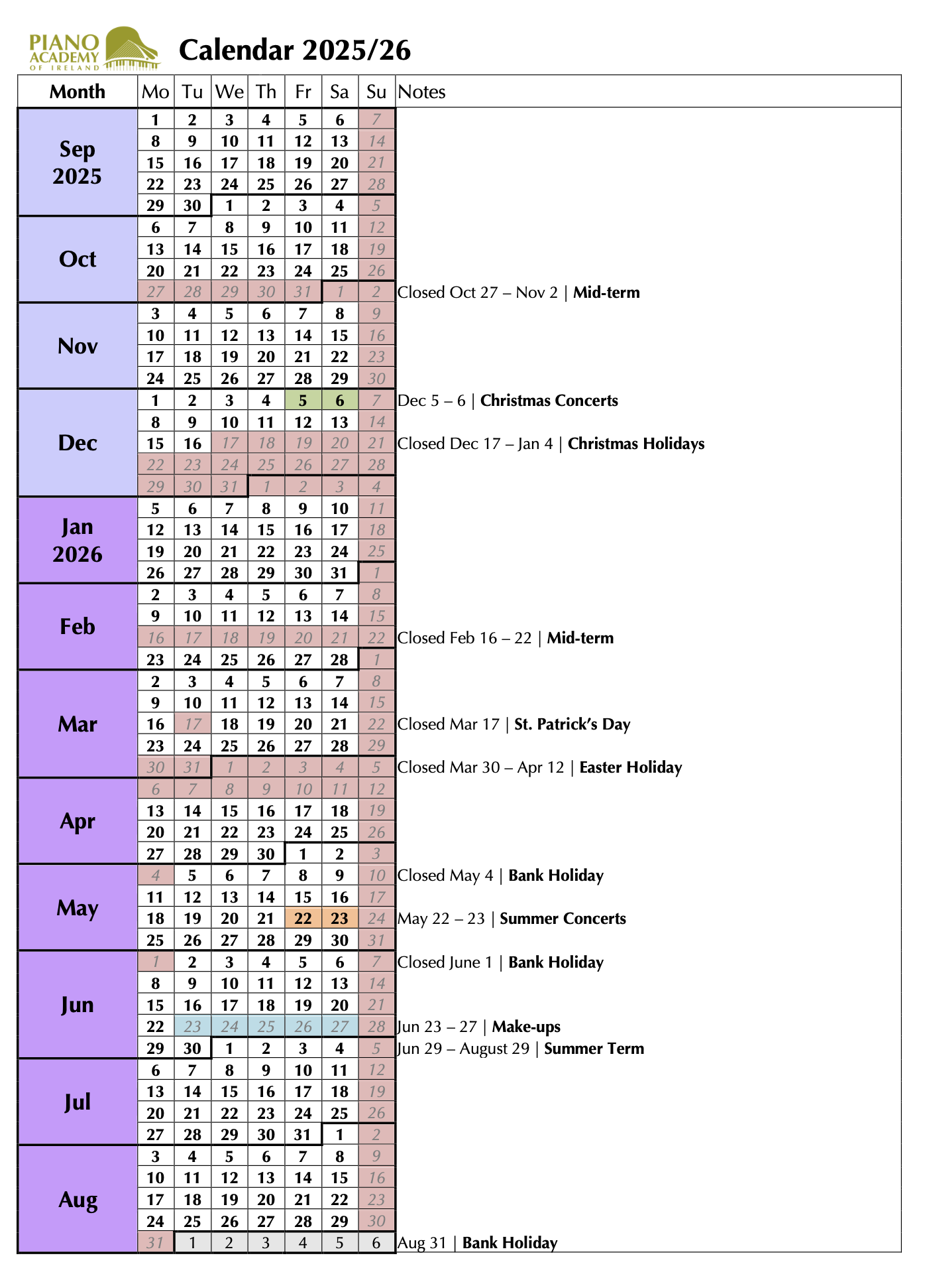Piano Academy Academic Calendar PAI Academic Calendar 25 26